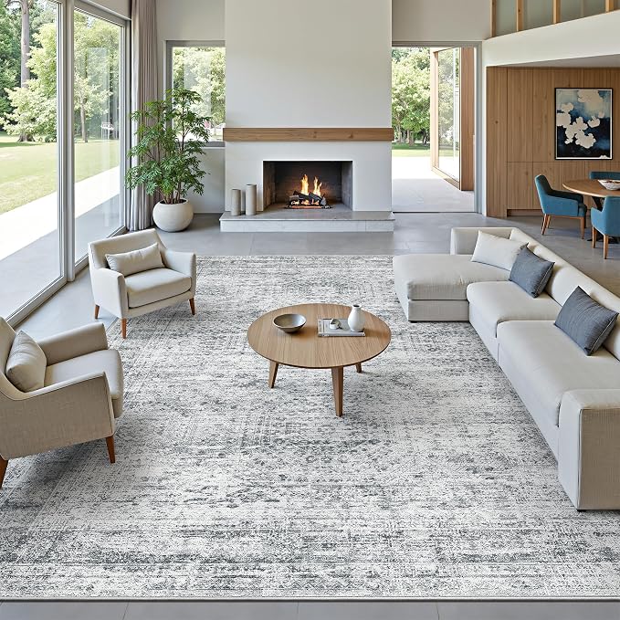 Soalmost 10x14 Area Rugs for Living Room, Non Slip Machine Washable Vintage Rugs, Low Pile Lightweight Large Rug for Bedroom, Dining Room, Home Office Grey