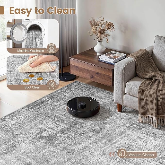 Washable 6x9 Area Rug for Living Room - Modern Abstract Carpet with Non-Slip Backing, Low Pile & Soft, Stain Resistant, Kid & Pet Friendly Decor for Bedroom & Dining Room - Black Grey