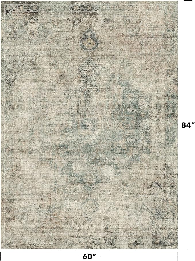 Neutral Abstract Area Rug for Living Room - 5x7 Washable Rug for Large Entryway, Mudroom, Home Office, Moss Cool Green Modern Contemporary & Non Skid Thin Décor
