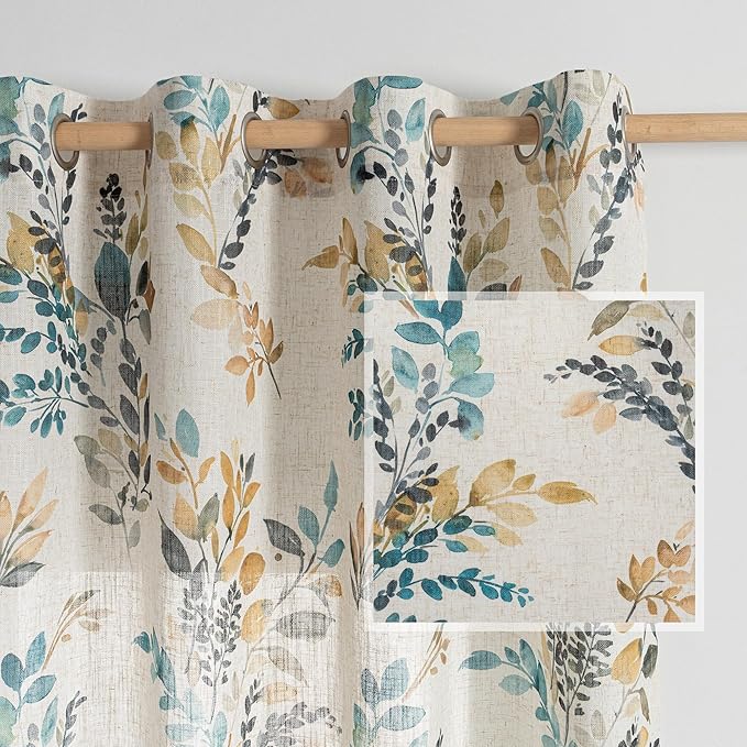 MYSKY HOME Floral Linen Curtains 45 inch Length 2 Panels Set Leaf Patterned Semi Sheer Light Filtering Privacy Farmhouse Grommet Drapes for Bedroom Small Window, 52" Wide Each Panel, Yellow and Blue