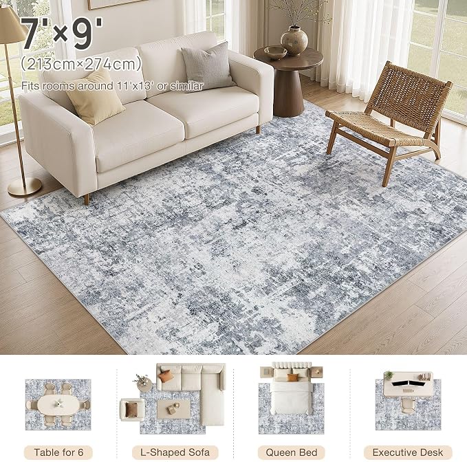 cotiled Washable Area Rug 7x9, Non-Slip Soft Neutral Rug for Living Room | Modern Abstract Carpet, Stain Resistant and Kid & Pet Friendly, Ideal For Bedroom, Dining Room, Nursery, Office - Blue/Gery