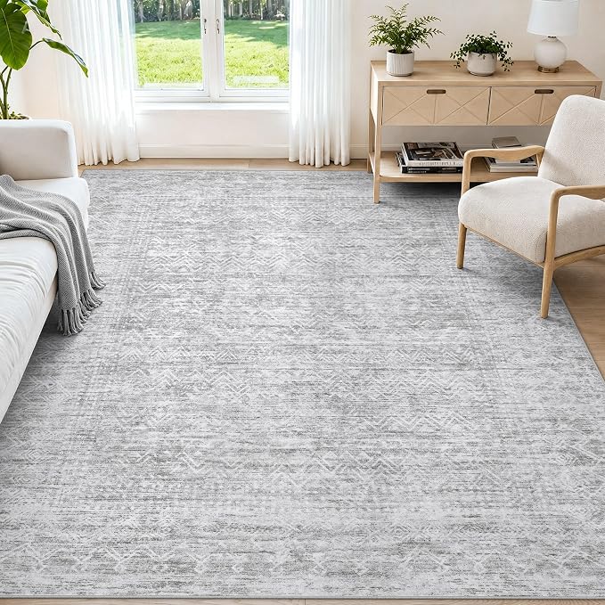 6X9 Area Rug for Living Room, Washable Moroccan Geometric Rug Soft Non-Slip Rubber Vintage Boho Large Rug, Low Pile Farmhouse Carpet for Bedroom Dining Room Nursery Modern Office (Gray, 6'x9')