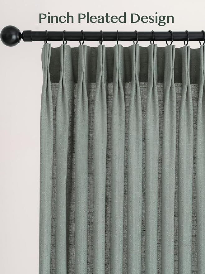 THREE GIRLS Pinch Pleated Linen Curtains 84 Inch Length 2 Panels, Light Filtering Linen Blend Drapes 40" W x 84" L, Sage Green Neutral Curtains for Living Room Bedroom with Hooks