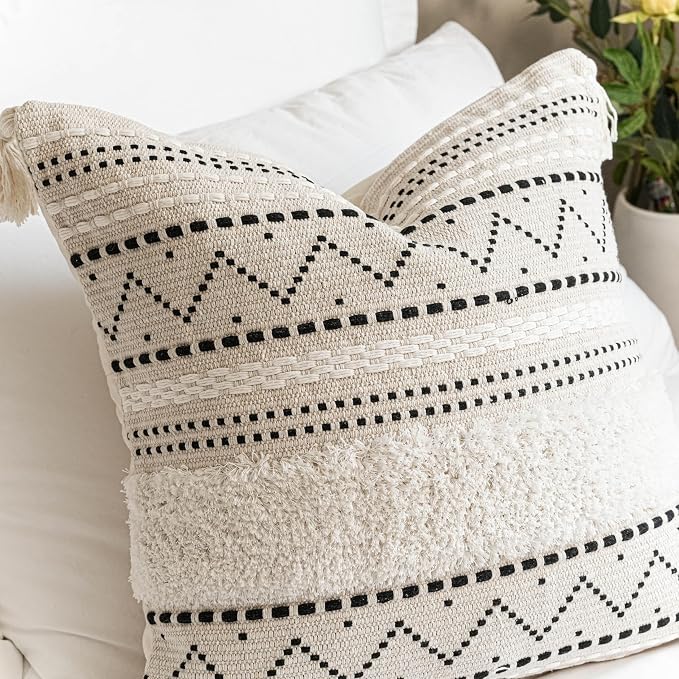 BlissBlush 18X18 Throw Pillow Cover, Cream Neutral Square Decorative Cushion Cover with Black Pattern, Boho Accent Pillowcase with Tufted Details and Tassels for Couch Sofa Living Room (Cover Only)