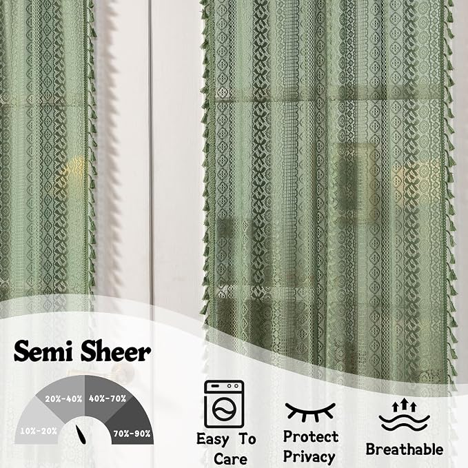 Sutuo Home Green Door Curtains 2 Panels for Doorway Glass & Sidelights, French Country Handmade Tassels Vintage Chic Privacy Drapes Xmas Olive Boho Curtains for Front Door, Rod Pocket 25" W x 40" L