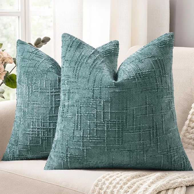 decorUhome Textured Chenille Throw Pillow Covers 26x26 Set of 2 Teal | Fall Modern Farmhouse Soft Cozy Slubby Couch Pillow Cases Boho Decorative Pillow Cases for Bed Sofa Living Room Home Decor