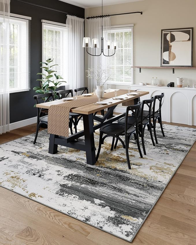 Kelarea Washable Area Rug for Living Room, 8x10 Non Slip Modern Abstract Grey Rugs, Easy Clearning Low Pile Large Carpet for Bedroom, Dining Room, Nursery, Office