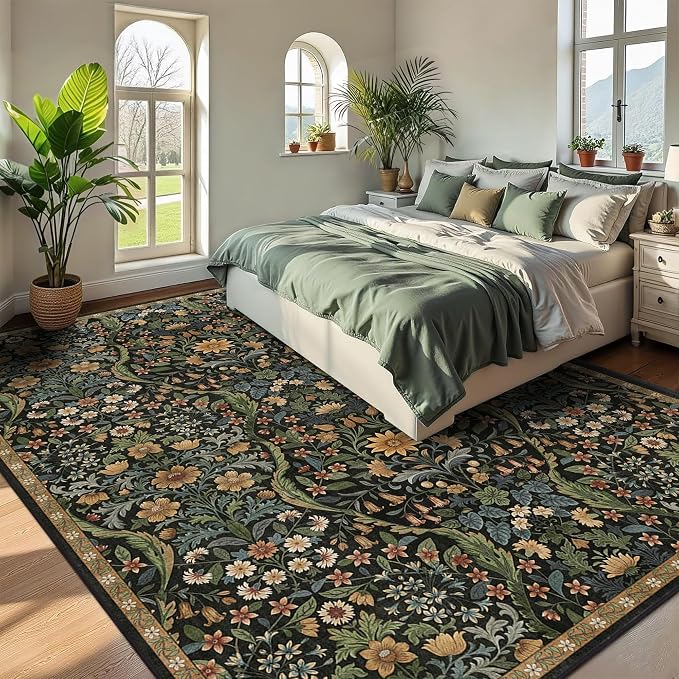 9x12 Black Brown Vintage Floral Area Rug,Washable Large Boho Living Room Rugs,Botanical Print Non-Slip Stain Resistant Lightweight Carpet for Bedroom Dining Room Nursery