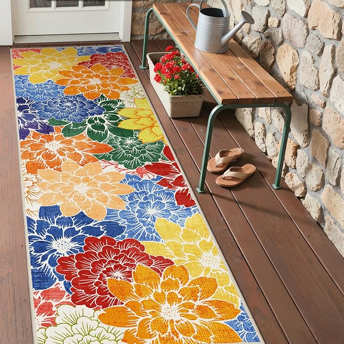 GENIMO 2’x5’ Indoor Outdoor Runner Rug for Hallway, Washable Waterproof Bedside Rugs, Non-Slip, Floral Mat Carpet for Patio, Living Room, Bedroom, Balcony, Kitchen, Deck, Porch, Colorful