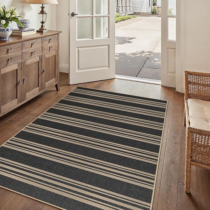 PureCozy Outdoor Rug 3x5 Washable Striped Jute Look Non Slip Carpet | Black and Tan Stripe Farmhouse Design, Indoor Outdoor Rug for Entryway Kitchen Bathroom Bedroom, Non Shedding, Neutral Decor