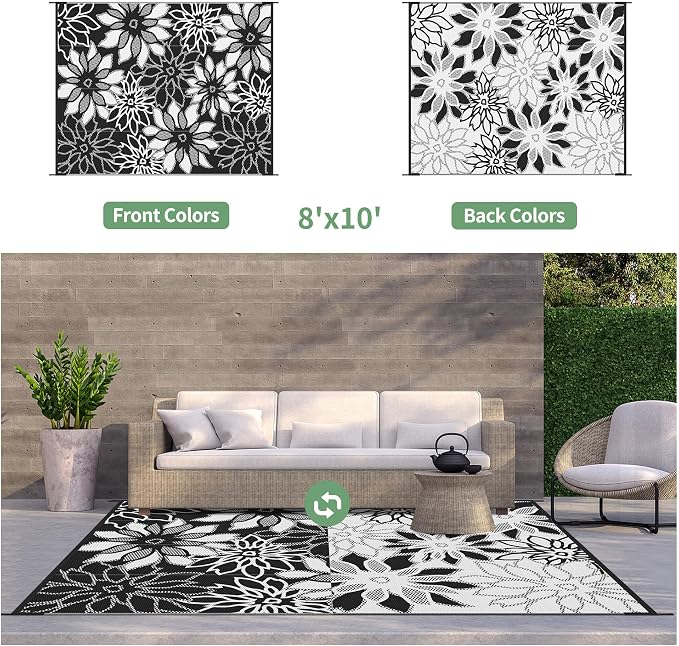 GENIMO Outdoor Rug, Waterproof Plastic Rugs for Patio, 8'x10' Black White | Outside Larger Leaf Carpet Mat for Porch Decor, Deck, Balcony, Camping, RV, Backyard, Picnic, Beach, Reversible, Foldable