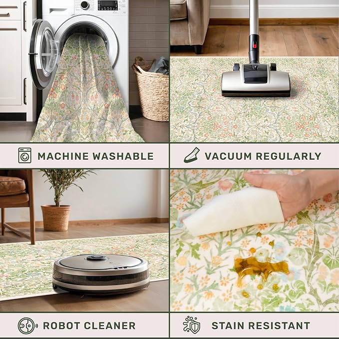 Washable Entry Rug - Front Door Rugs Indoor, Non-Slip Bathroom Small Rugs, Vintage Floral Style Rug for Kitchen, Perfect for Entryway Décor (2x3 Beige Green)