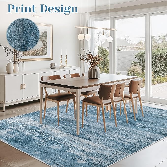Washable Rug 6x9 Area Rugs for Living Room: Neutral Soft Rug Abstract Non Slip Low Pile Modern Carpet for Bedroom Kitchen Nursery Office Dining Room Indoor (Darkblue, 6'x9')