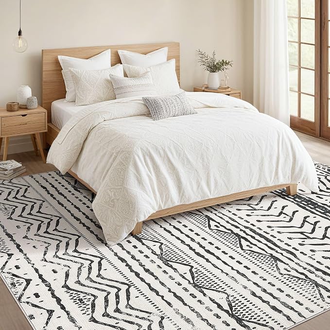 Nakagishi Black Rug for Living Room: 8x10 Washable Boho Large Neutral Soft Farmhouse Area Rugs Stain Resistant Modern Geometric Non-Slip Indoor Floor Carpet for Bedroom Playroom Office Dining Room