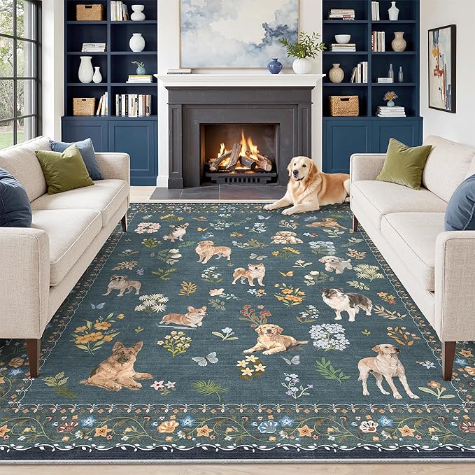 Soalmost Dog 8x10 Area Rugs for Living Room, Washable Soft Rug Navy Blue | Floral Vintage Non-Slip Low Pile Cute Animal Throw Large Rugs for Classroom Bedroom Dining Room Nursery Playroom 8' x 10'