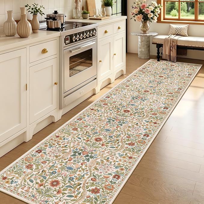 3x12 Washable Runner Rug, Beige Floral Boho Area Rug for Hallway,Low-Pile Non-Slip Stain Resistant Long Carpet for Kitchen, Bedside,Laundry Room,Entryway