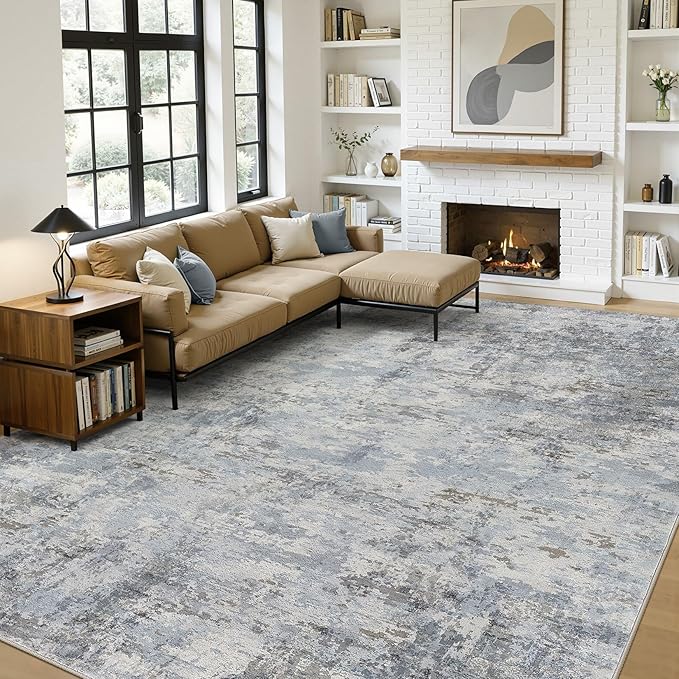 10x14 Area Rugs for Living Room, 10x14 Rug Washable High-Low Pile | Neutral Modern Abstract Carpet, Non Slip Lightweight Soft Made for Dining Room, Home Office Indoor Decor - Blue Gray