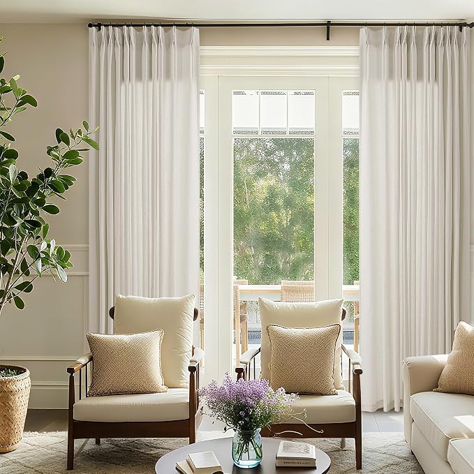 Pinch Pleat 120 Inch Long Linen Curtains 72 Inches Width Extra Wide | Light Filtering Semi Sheer, Memory Trained, Pleated Curtain, for Patio Balcony High Living Room, Boho Neutral, 72 x 120, 10FT