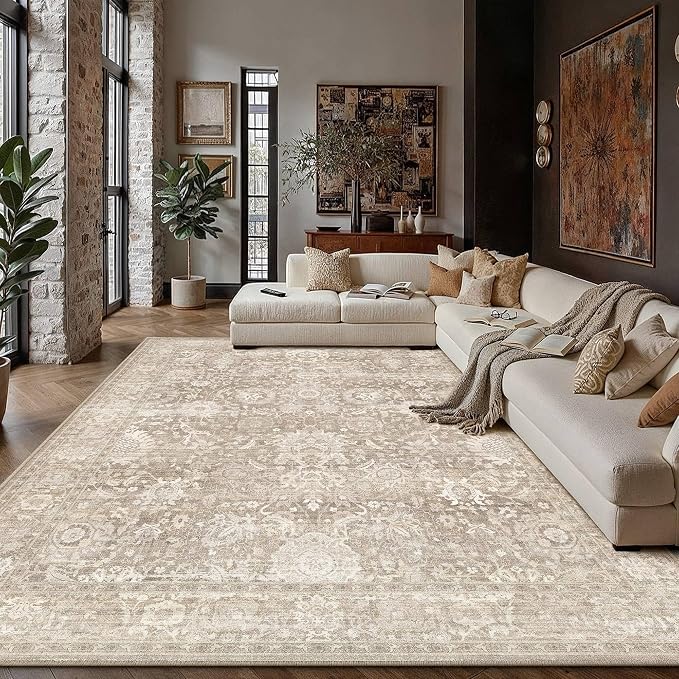 HUGEAR Area Rugs 10x14 Beige Washable Rug for Living Room Bedroom Large Neutral Vintage Rug Carpet Distressed Soft Durable Non Slip No Shedding for Indoor Dining Nursery Farmhouse