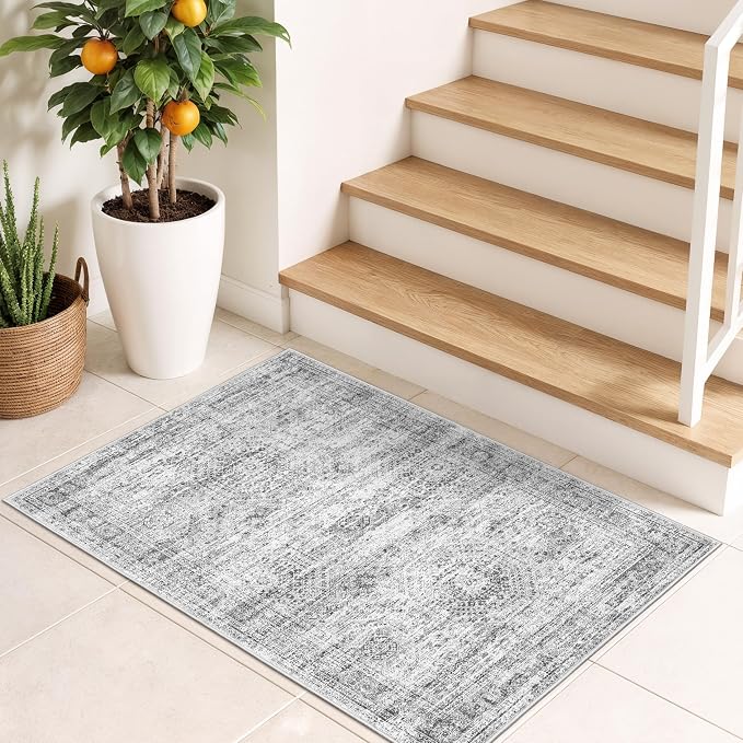 2x3 Rug Non Slip, Small Washable Entryway Rug,Grey | Welcome Mat,Runner for Kitchen,Front Door,Bathroom,Bedroom,Thin Area Rug,Soft Foldable Indoor Carpet,Stain Resistant