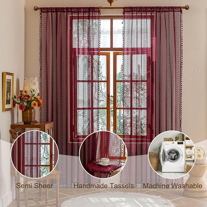 Sutuo Home Burgundy Boho Lace Curtains 72 inch Lengh for Nursery Bedroom Bathroom, Red Semi Sheer Curtains Privacy Crochet Vintage Tassels Bohemian Drapes Window Treatments Rod Pocket, 2 Panels 50" W