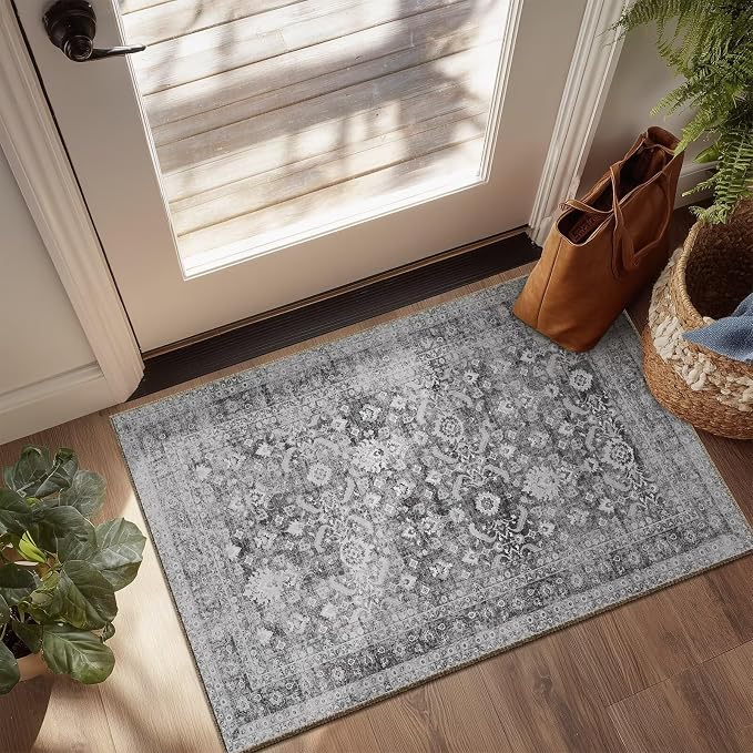 Washable 2x3 Entryway Rug, Boho Vintage Non-Slip Door Mat, Grey | 0.3" Neutral Throw Small Rugs for Bedroom Kitchen Nursery Entrance, Cushioned for High-traffic Area