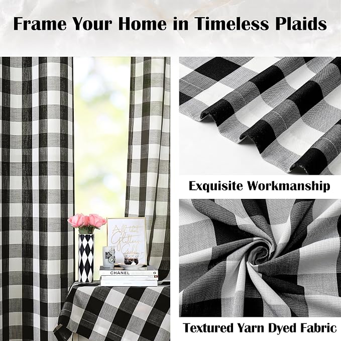 Black White Buffalo Plaid Semi Sheer Curtains 95 Inches Long | Buffalo Check Geo Pattern Drapes,Rustic Bedroom Living Room Window Treatment Home Decor,Rod Pocket,52" Wx95 L(Pack of 2)