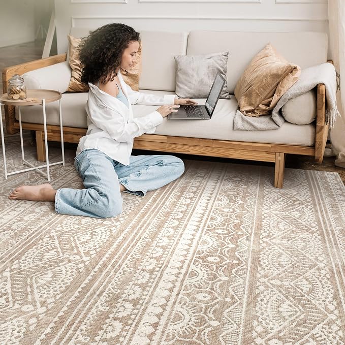 Tortania Area Rug Living Room Rugs - 8x10 Washable Large Soft Neutral Boho Moroccan Bohemian Farmhouse Rug Indoor Floor Carpet for Bedroom Under Dining Table Home Office Decor - Light Brown
