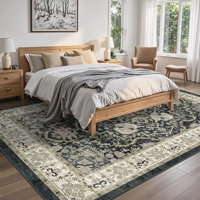 Black 5x7 Washable Area Rug, Non-Slip Soft Ultra-Thin Polyester Carpet with Vintage Stain Resistant Indoor Rug for Living Room, Bedroom, Dining Room, Nursery Oeko-TEX - Black