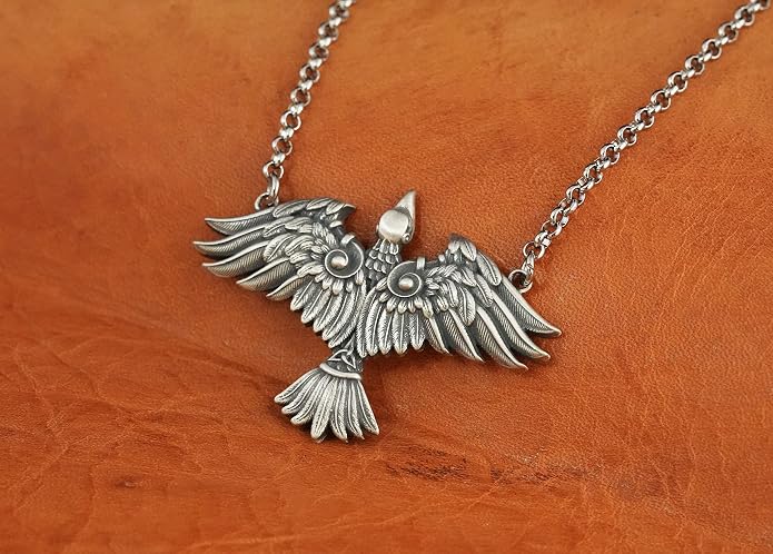Baldur Jewelry - Viking Raven Crow Bird Necklace - Celtic Norse Odin Bird Raven Hugin Munin Pendant Necklace - Raven Wings Necklace - Raven Jewelry - Raven Skull Pendant - Raven Gifts