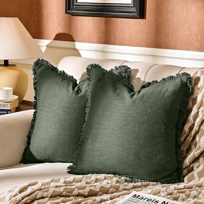 AmHoo Pack of 2 Linen Pillow Covers with Tassels Fringed Decorative Rustic Natural Throw Pillowcase Cushion for Couch Sofa Bedroom 20 x 20-Inch Green