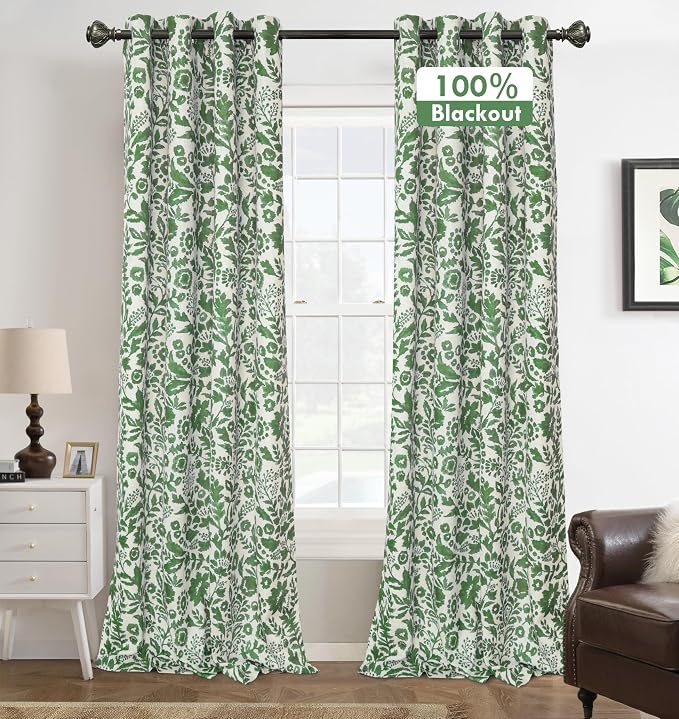 DriftAway Julia 100% Blackout Curtains Grommet 2 Panels, W52xL96, Green | Floral Curtains, Bedroom, Living Room, Linen Blend, Watercolor Pattern, 2 Layers, Thermal Insulated, Window Treatment