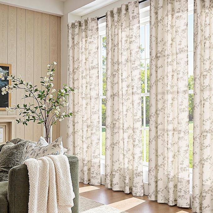 jinchan Taupe Floral Linen Curtains 84 Inch Farmhouse Back Tab 2 Panels | Taupe on beige, light filtering, farmhouse, rustic, country, flower, privacy, bedroom, living room, office, window treatment