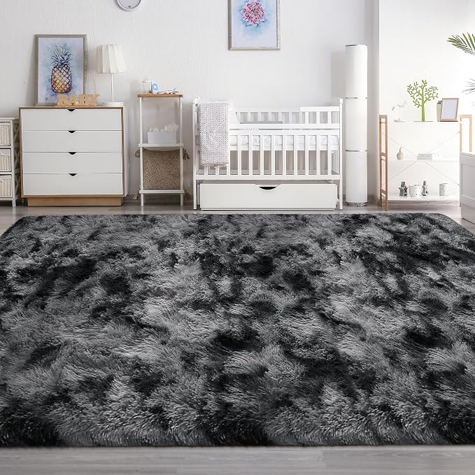 Plush 8x10 Area Rug for Living Room, Tie-Dyed Dark Grey Black 8x10 Shag Rug for Bedroom Bedside Fuzzy Carpet Big Furry Soft Fluffy Rug for Kids Girls Boys Room Baby Nursery Dorm