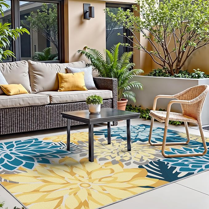Colorful 6x9 Outdoor Area Rug Washable Multicolored Patio Rug Tropical Botanical Floral Chenille Waterproof Outdoor Carpet Non-Slip for Patio, Deck, Backyard, Porch, Ocean Dahlia