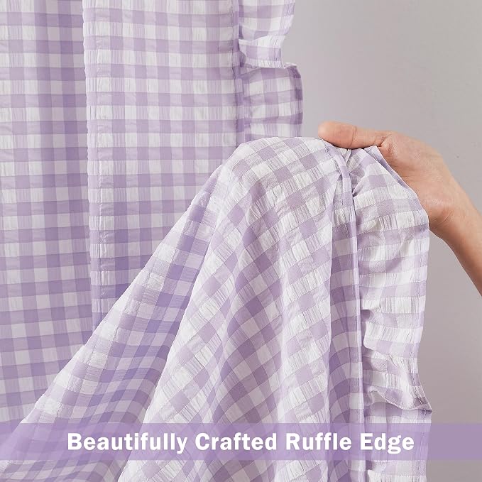 ZJDECOR 63 Inch Purple White Buffalo Plaid Window Curtains for Nursery | Lavendar Kidsroom Cortinas,Not-See-Through Sheer Ruffle Drapes,Bedroom Living Room Window Treatment,Rod Pocket,40"Wx63"Lx2