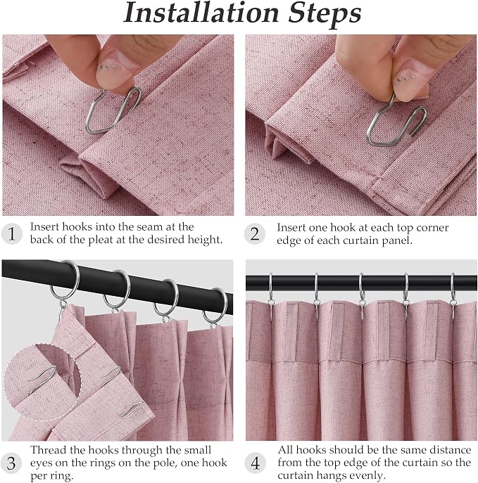 Aersas Pink Pinch Pleated Linen Curtains 112 Inches 2 Panels Set Back Tab Rod Pocket Semi Sheer Modern Farmhouse Drapes Light Filtering Flax Texture Window Treatments for Bedroom Living Room, 40x112