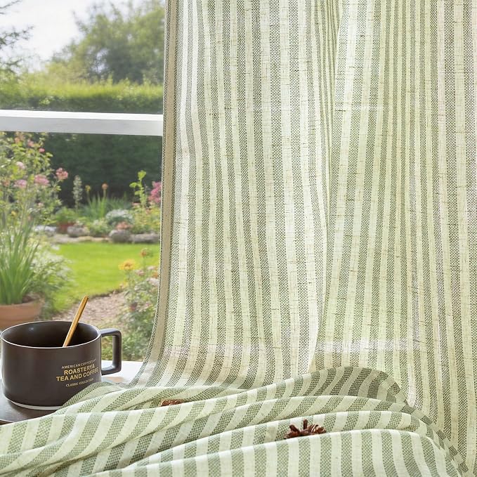 jinchan Linen Curtains 84 Inch Sage Green Stripe on Beige Grommet 2 Panels | Curtains for Living Room Bedroom,Ticking Stripe Pattern,Farmhouse Cottage Core Rustic, Window Treatment,Light Filtering