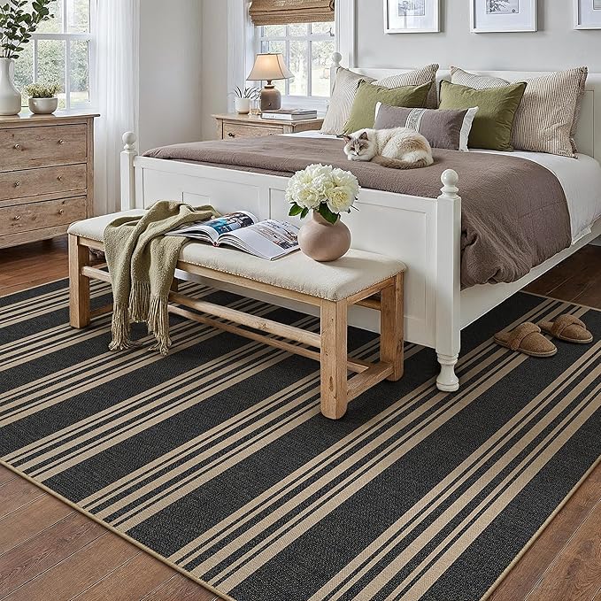 PureCozy Outdoor Rug 8x10 Washable Striped Jute Look Non Slip Carpet | Black and Tan Stripe Farmhouse Style, Indoor Outdoor Area Rug for Patio, Living Room, Dining Room, Non Shedding, Neutral Rugs