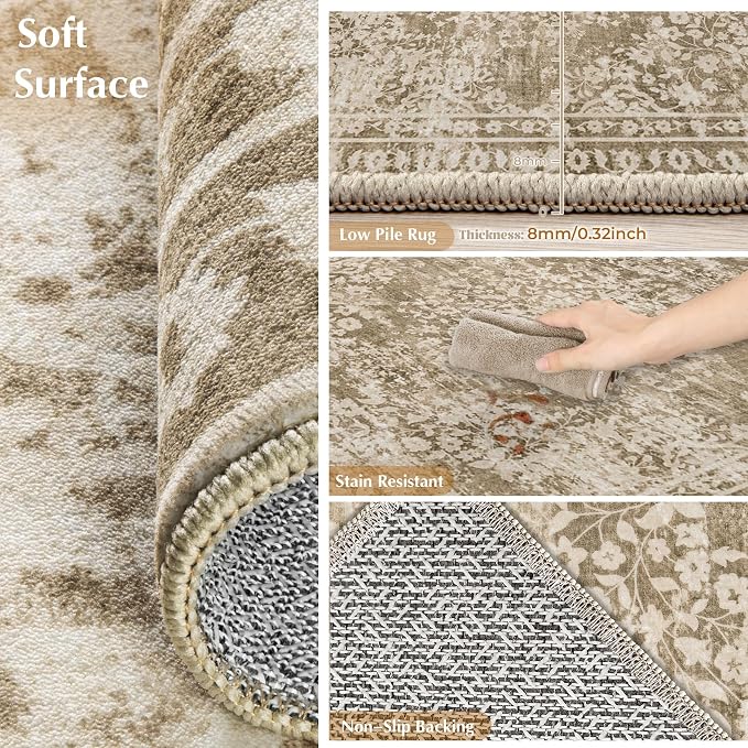 Vintage Living Room Area Rug - 8x10 Large Machine Washable Boho Area Rug Distressed Floral Rugs for Bedroom, Soft Non-Slip Indoor Floor Accent Rugs for Office Dining Room (Floral Brown, 8'x10')