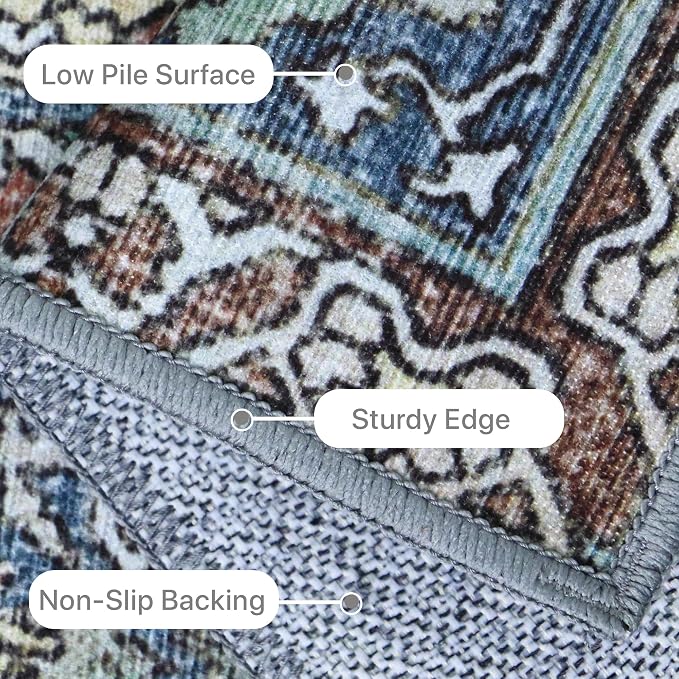 BESBLEE 9X12 Area Rugs Machine Washable Rugs for Living Room, Vintage Boho Large Rugs for Bedroom Dining Room, Non Slip Indoor Soft Distressed Lightweight Thin Low Pile Carpet, Vintage Blue