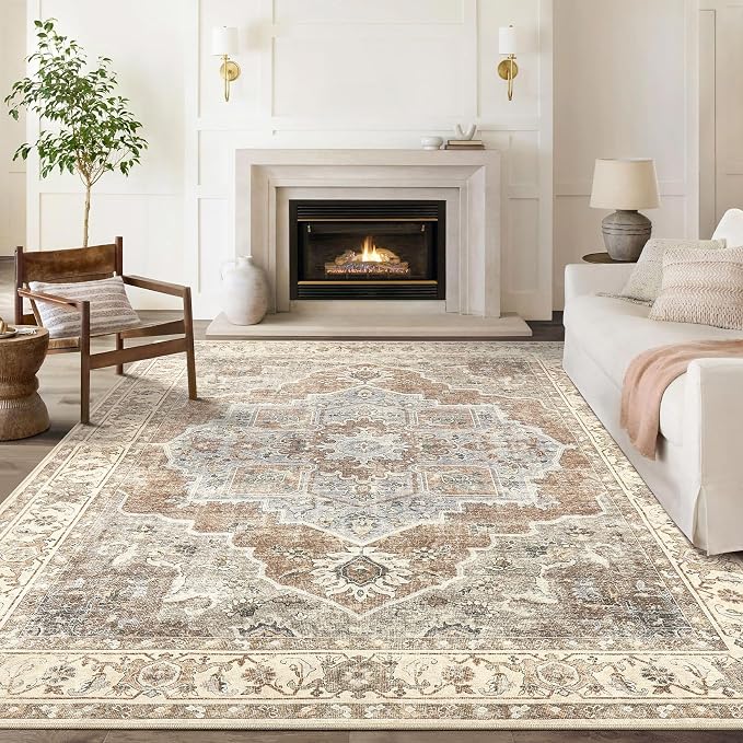 9x12 Washable Area Rug: Vintage Neutral Soft Non Slip Thin Large Floor Carpet for Living Room Bedroom Kitchen Dining Room Home Office Farmhouse Indoor - Grey Brown
