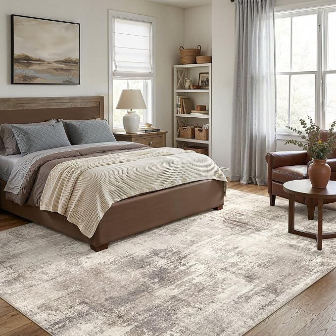 DMOYEST 8x10 Area Rug for Living Room, Washable & Non Slip Large Indoor Carpet, Kid & Pet Friendly Soft Thin Low Pile Abstract Rug for Bedroom and Office - Pale Brown
