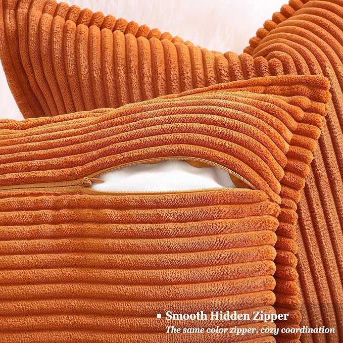 decorUhome Fall Corduroy Burnt Orange Throw Pillow Covers 20x20 Set of 2 | Couch Decorative Soft Modern Boho Farmhouse Pillow Covers Broadside Striped Pillow Cases for Living Room Bed Sofa
