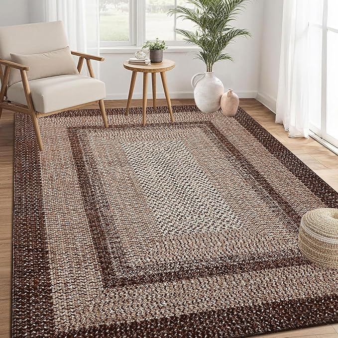 RUGSREAL 9x12 Living Room Rug Large Washable Rug Non Slip Boho Accent Carpet Indoor Throw Floor Cover Farmhouse Rustic Area Rug Bohemian Border Carpet for Bedroom Home Decor, Brown