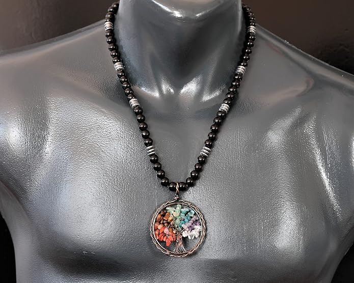 ElisaJewelryArt - Natural Amethyst Big Tree Of Life Pendant Black Onyx Stone Beaded Necklace Genuine Gemstone Feng Shui Stone Clasp Closure Necklace Unisex Necklace