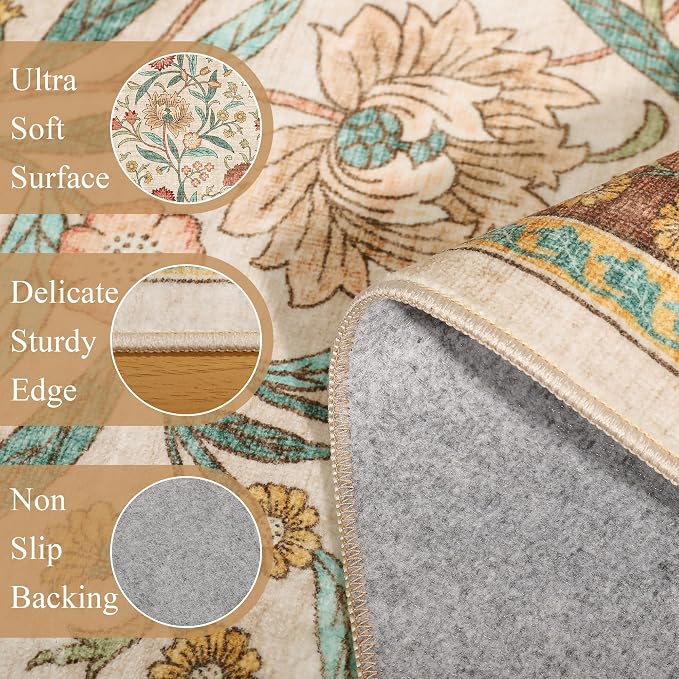 DUKINO 2x4 Rug, Washable Vintage Floral Entryway Rug Non Slip, Brown | Low Pile, Non-Shedding, Stain Resistant Boho Lightweight Soft Indoor Carpet for Kitchen Bathroom Hallway Laundry Farmhouse