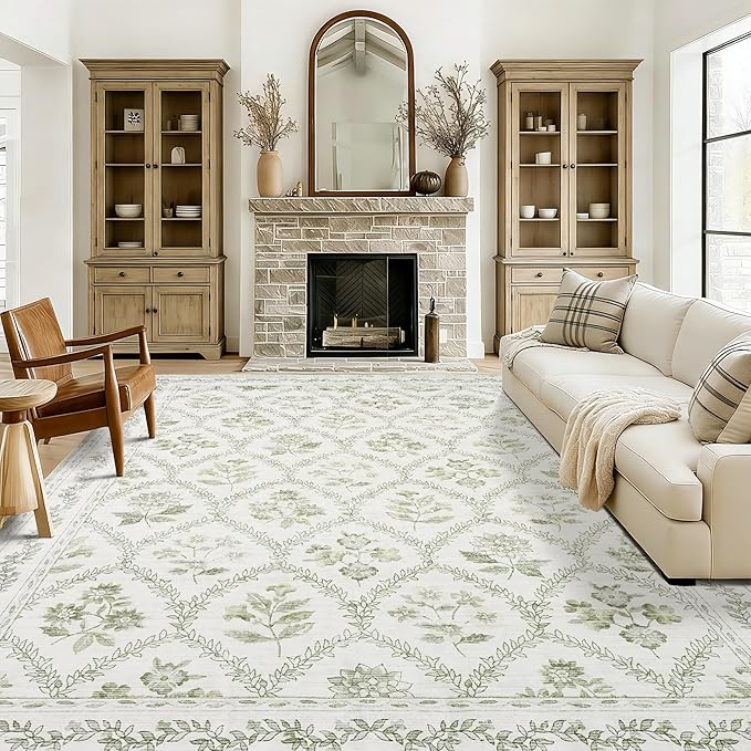 Sage Green Rugs 8x10 for Living Room Boho Washable Rugs Large Floral Floor Covering for Bedroom, 8 x 10 Soft Green Dining Room, Non Slip Farmhouse Floor Carpet for Kids Playroom Dorm