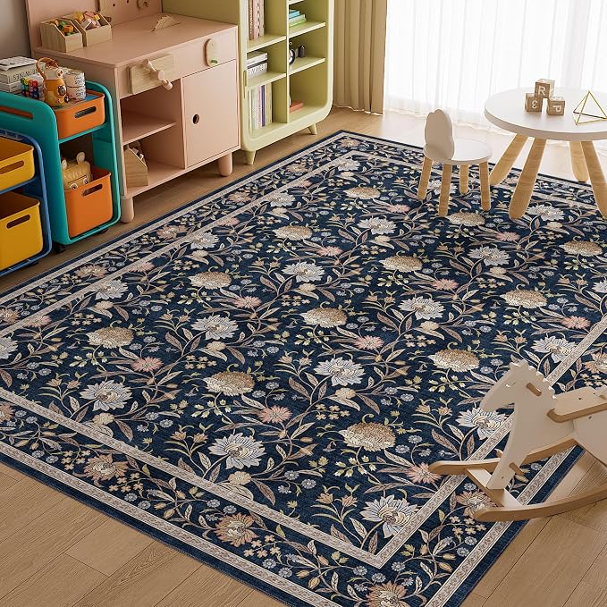 DUKINO 9x12 Area Rug for Living Room Vintage Floral Washable Rug, Navy Blue | Non Slip, Low Pile, Non-Shedding, Stain Resistant, Aesthetic Soft Indoor Large Carpet for Bedroom Dining Room Farmhouse