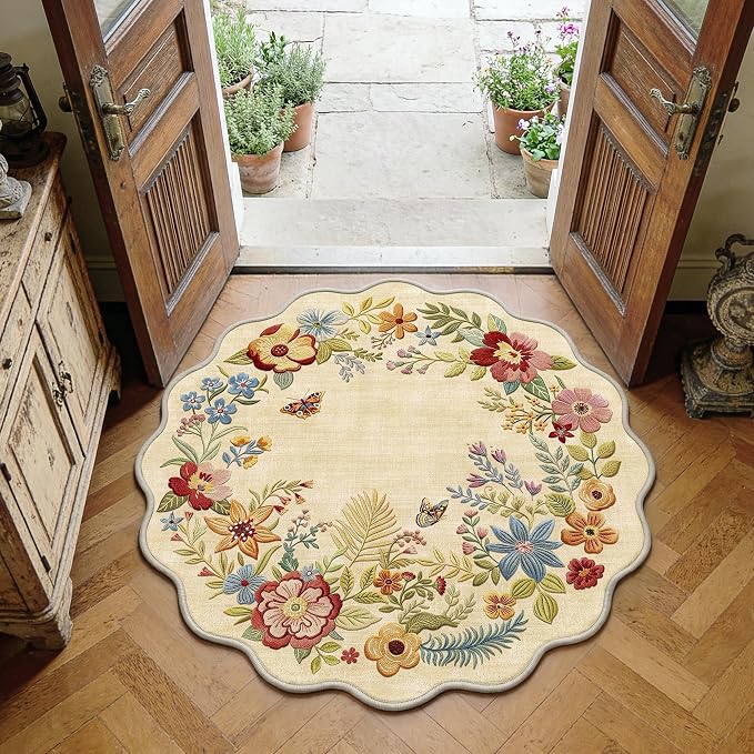 FMFUNCTEX 3ft Round Washable Beige Floral Scalloped Area Rug for Entryway | Rug Vintage Non Slip Flower Colorful Traditional Boho Circle Cream Small Soft Low Pile Neutral Mat Bedroom Bedside Bathroom